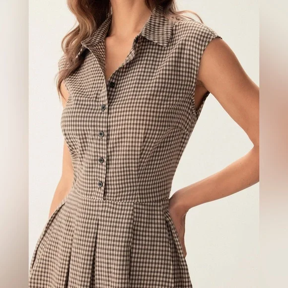 Rihoas Brown Plaid Button Pleated Midi Dress NWT - Picture 2 of 8
